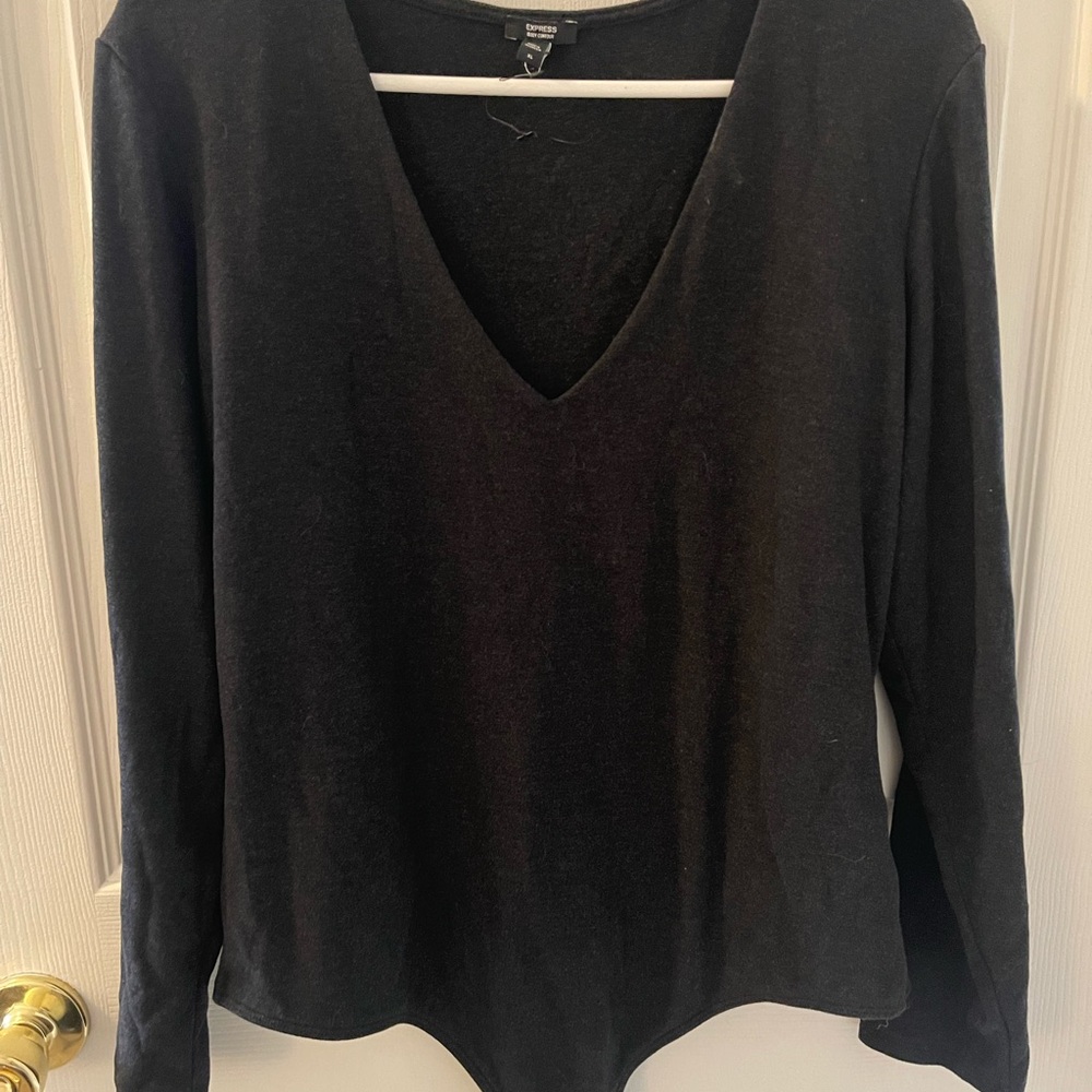 Express Dark Gray Long Sleeve V-Neck bodysuit